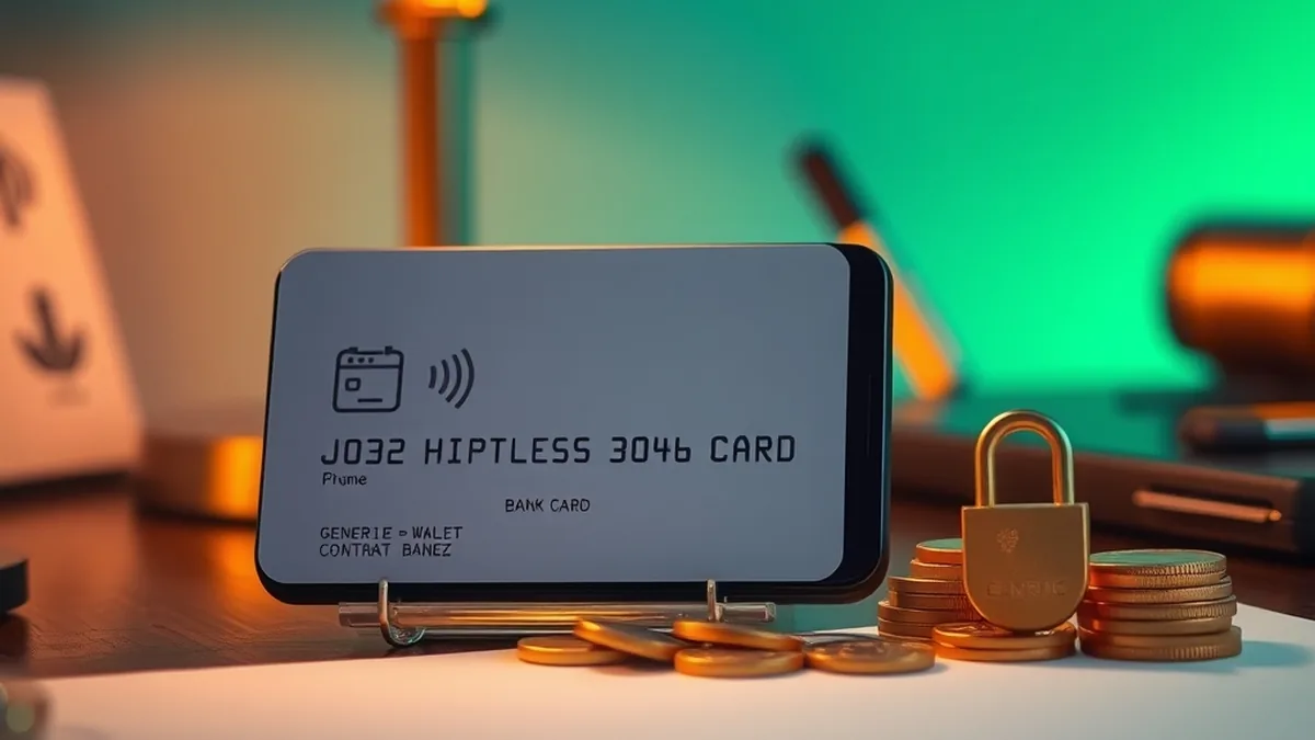 Bank card, smartphone e-wallet and gold coins on a desk